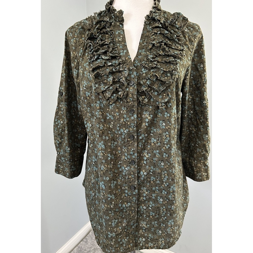ELLE Women's Floral Cottage Button Down Shirt Ruffle V Neck 3/4 Sleeve Olive M